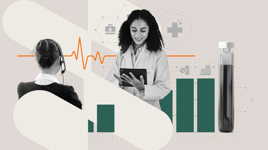 Collage showing a healthcare professional using a tablet, a headset operator, medical icons, a rising bar chart, and a vial.