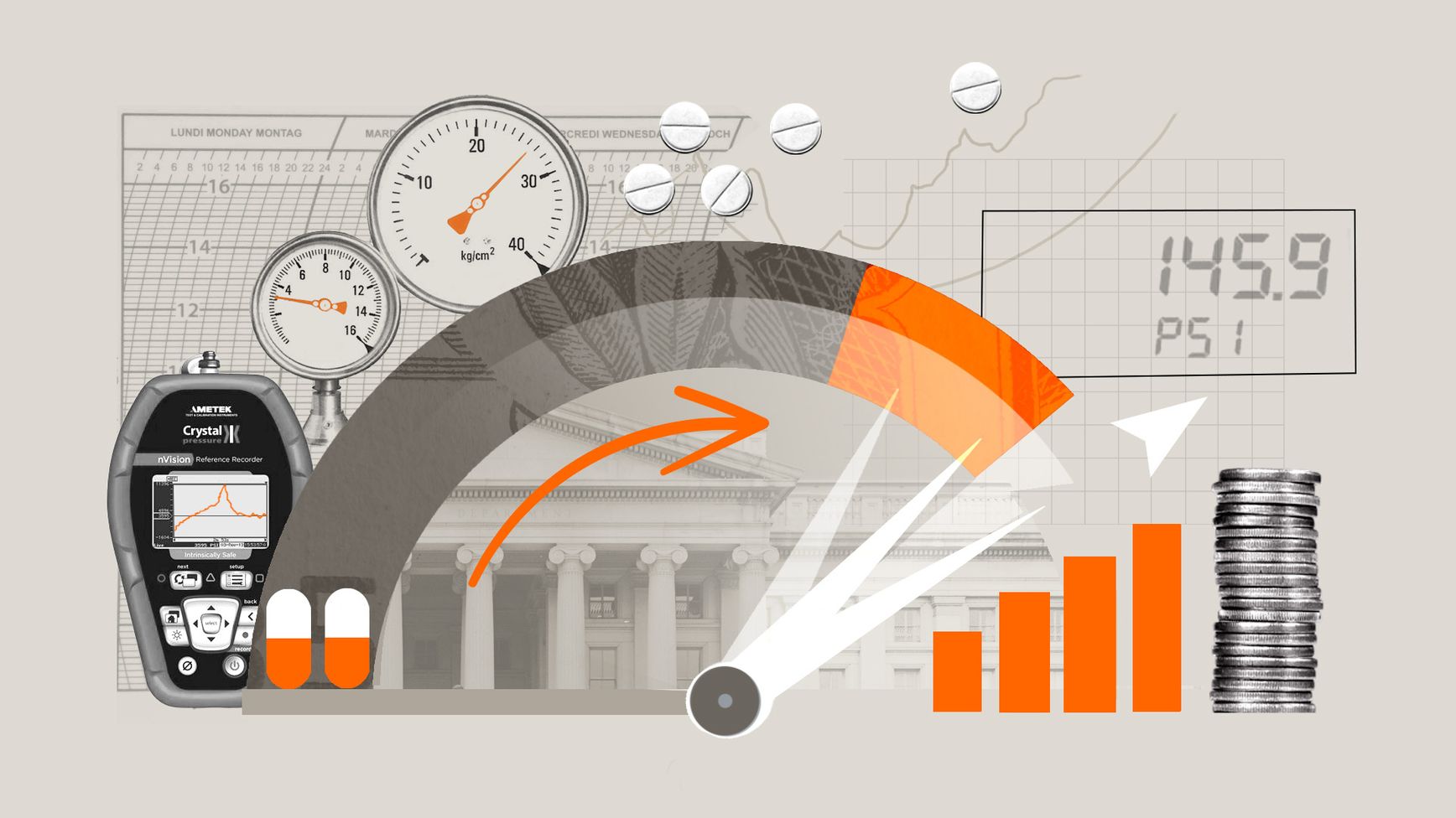 A grey, white and orange graphic showing raising temperatures via three separate gauges and a increasing bar chart that culminates in a stack of coins alongside medical-related images such as pills.