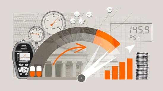 A grey, white and orange graphic showing raising temperatures via three separate gauges and a increasing bar chart that culminates in a stack of coins alongside medical-related images such as pills.
