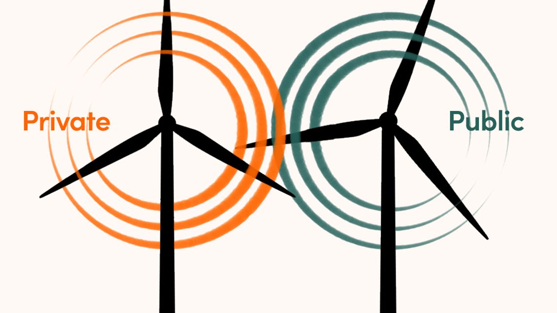 Wind turbines labeled private and public spin together.
