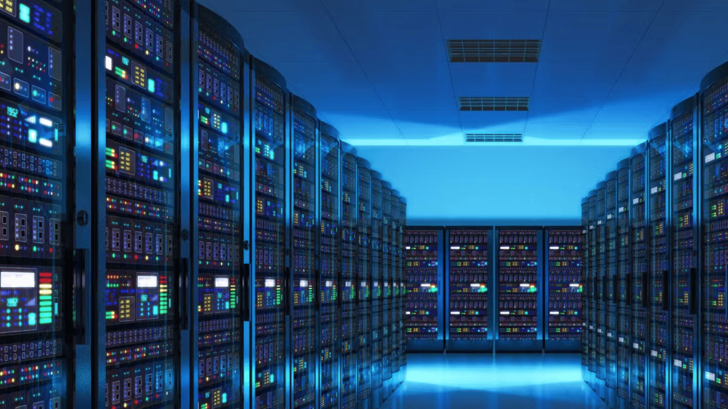 A data center with rows of illuminated server racks under a blue-lit ceiling.