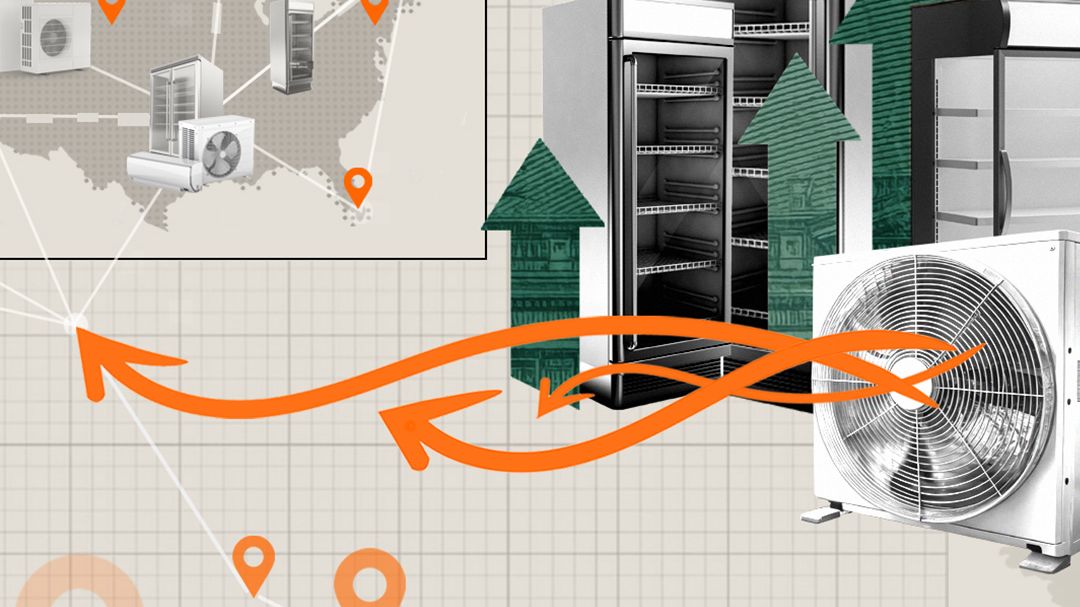 A collage-style illustration showing commercial refrigerators and HVAC units, with location markers on a map, orange arrows indicating movement, and green upward arrows, set against a background of Europe and grid patterns.