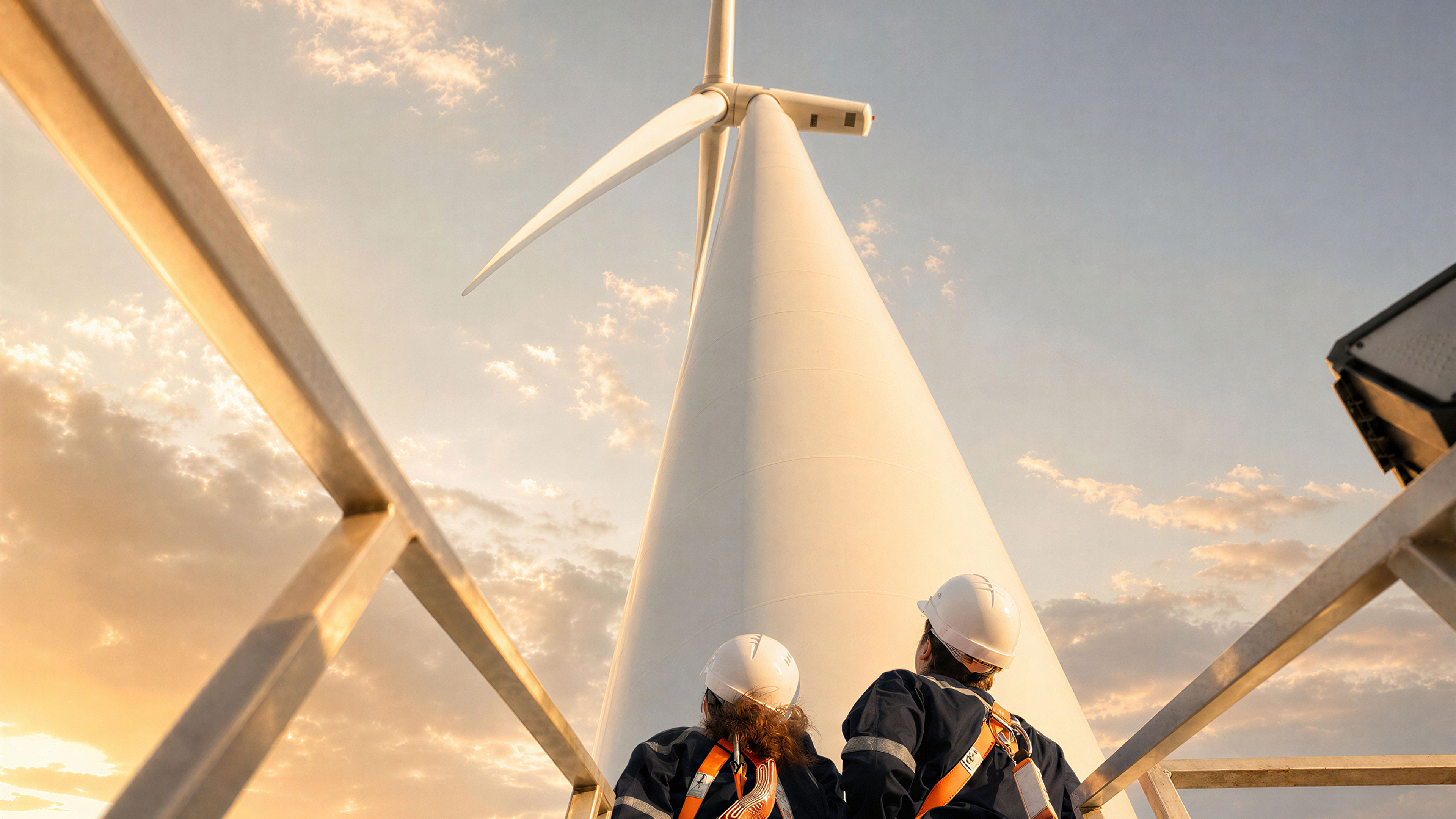 Two workers looking up to a wind turbine