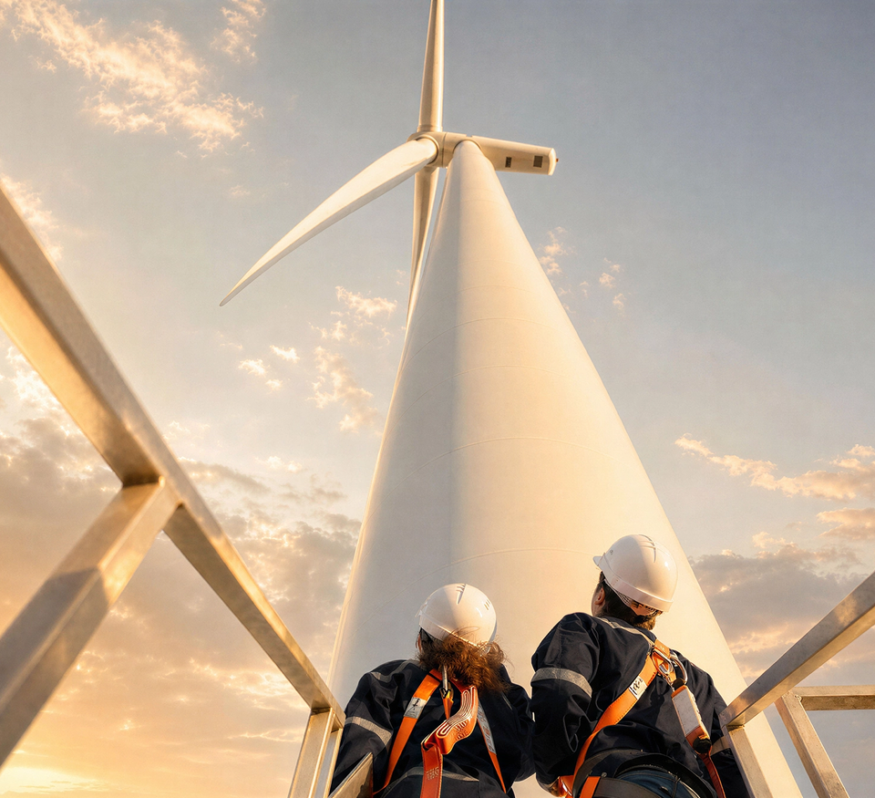 Two workers looking up to a wind turbine