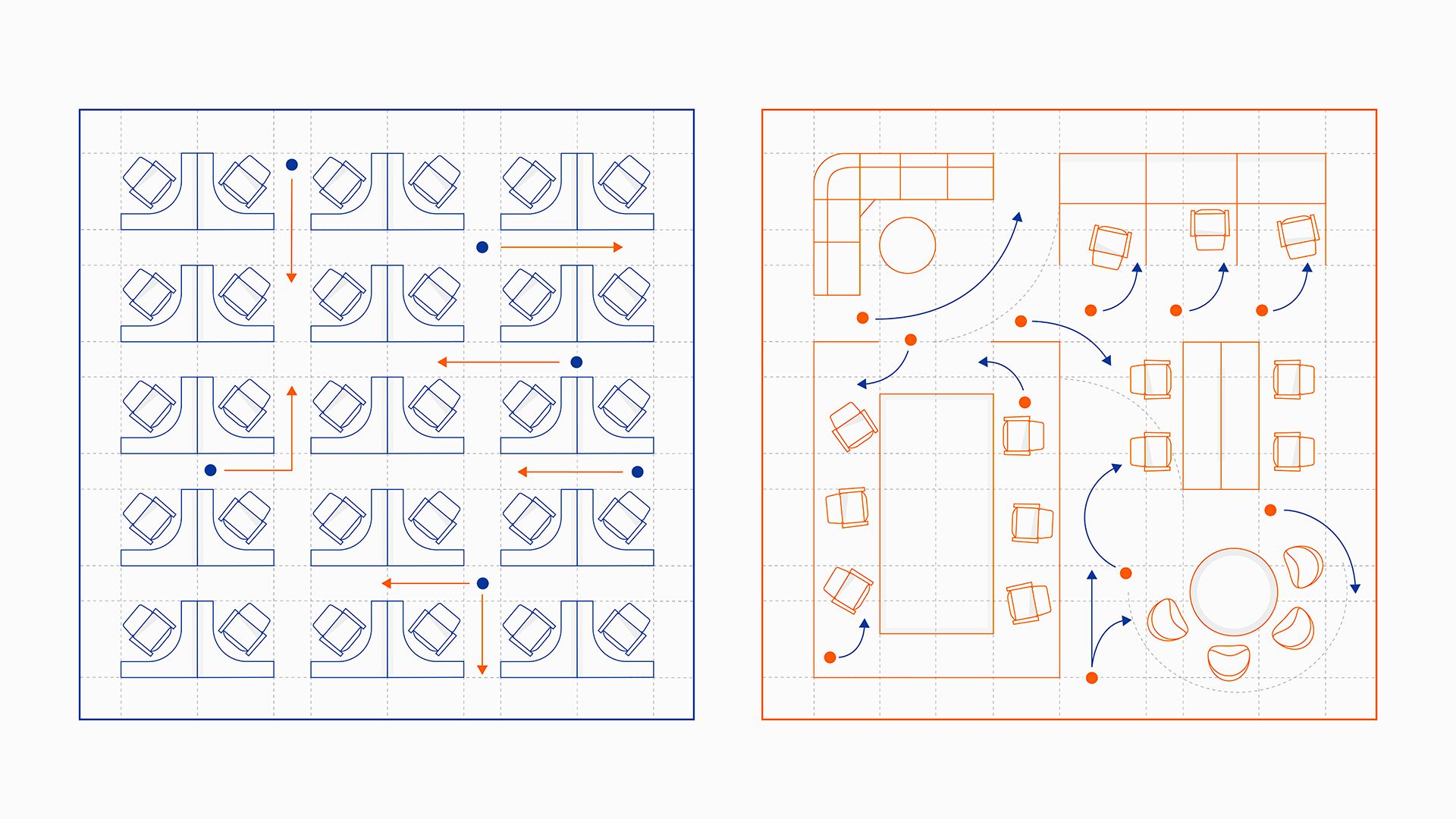 Two graphic representations of an office floor plan. One on the left is in blue and includes a clock image on the bottom left, and an image of a chair on the right. The floor plan graphic on the right is in red and includes an image of a raised foot, as if walking and a cup with a hot drink in it and a swirl of steam coming out of it. 