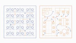Two graphic representations of an office floor plan. One on the left is in blue and includes a clock image on the bottom left, and an image of a chair on the right. The floor plan graphic on the right is in red and includes an image of a raised foot, as if walking and a cup with a hot drink in it and a swirl of steam coming out of it.