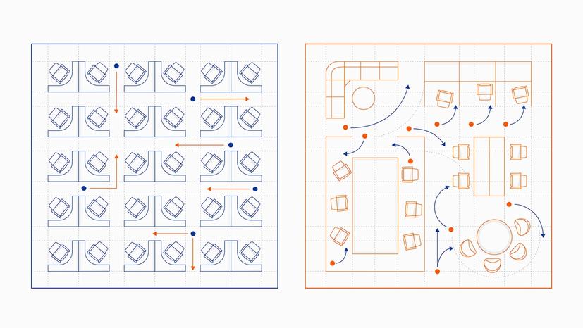 Two graphic representations of an office floor plan. One on the left is in blue and includes a clock image on the bottom left, and an image of a chair on the right. The floor plan graphic on the right is in red and includes an image of a raised foot, as if walking and a cup with a hot drink in it and a swirl of steam coming out of it.