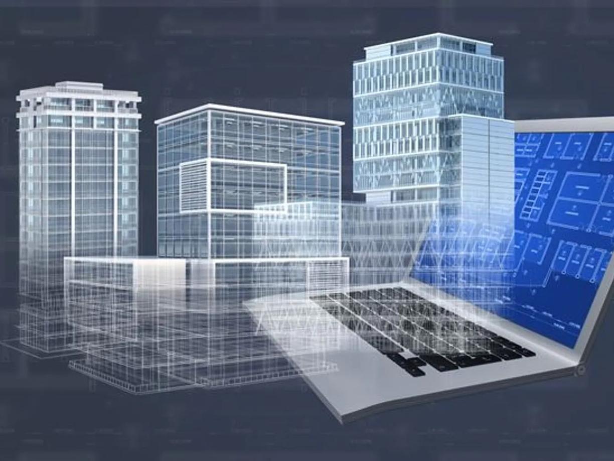 A digital rendering of architectural blueprints displayed on a laptop screen.