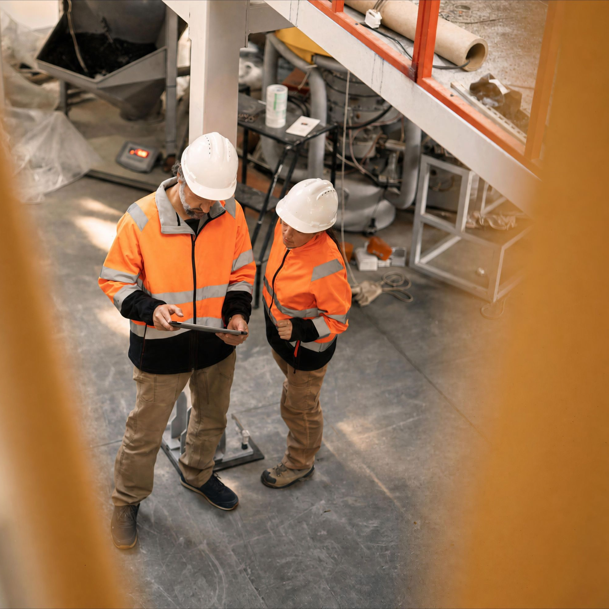 Two blue collar workers looking over a tablet