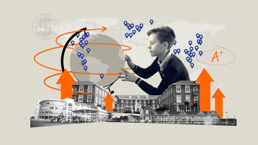 A collage-style illustration of a boy interacting with a globe, surrounded by school buildings, location markers, orange arrows, and an "A+" grade, representing global education and achievement.