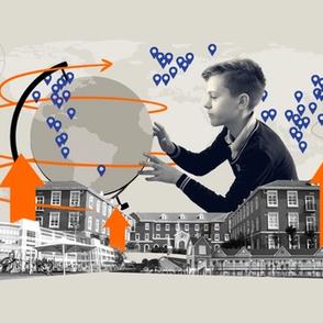 A collage-style illustration of a boy interacting with a globe, surrounded by school buildings, location markers, orange arrows, and an "A+" grade, representing global education and achievement.
