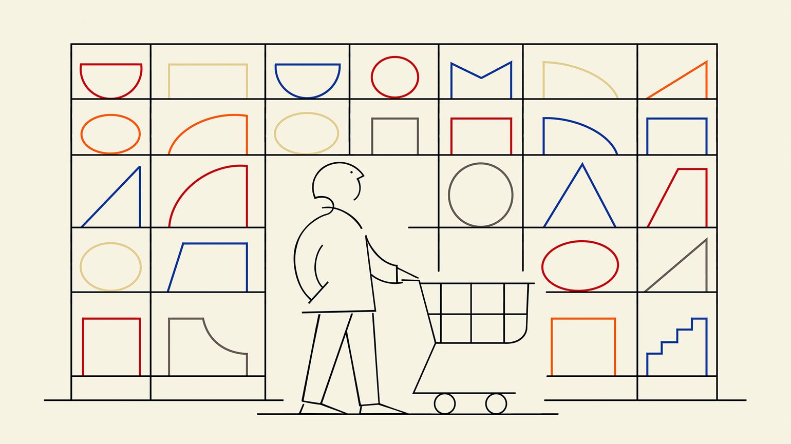 A minimalist line drawing of a person pushing a shopping cart in front of shelves filled with colorful geometric shapes.