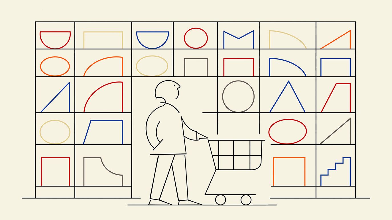 A minimalist line drawing of a person pushing a shopping cart in front of shelves filled with colorful geometric shapes.