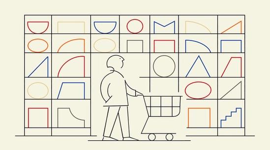 A minimalist line drawing of a person pushing a shopping cart in front of shelves filled with colorful geometric shapes.