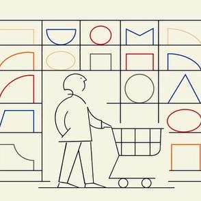 A minimalist line drawing of a person pushing a shopping cart in front of shelves filled with colorful geometric shapes.