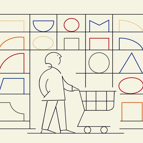 A minimalist line drawing of a person pushing a shopping cart in front of shelves filled with colorful geometric shapes.