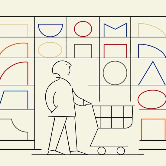 A minimalist line drawing of a person pushing a shopping cart in front of shelves filled with colorful geometric shapes.