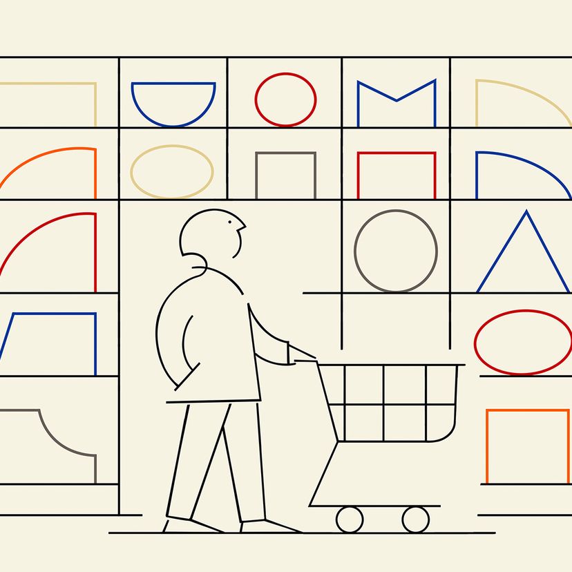A minimalist line drawing of a person pushing a shopping cart in front of shelves filled with colorful geometric shapes.