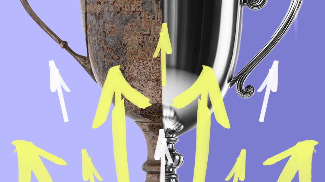 Arrows point upward on a trophy, half of which is shiny while the other half is tarnished.