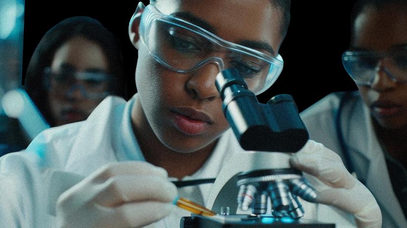 Scientist wearing protective goggles and gloves examining a sample under a microscope in a laboratory.