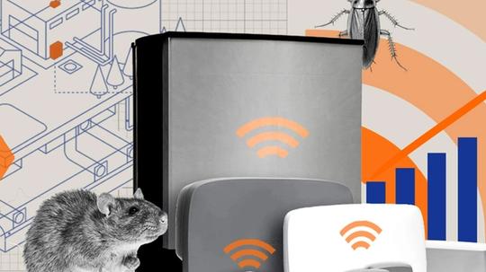 A collage-style illustration featuring smart pest control devices, a rat, a cockroach, a bar chart with an upward arrow, and a schematic of a building, symbolizing digital pest monitoring and alerts.