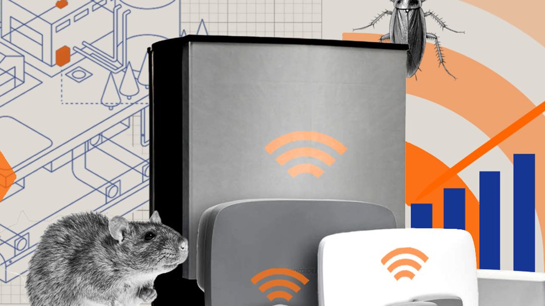 A collage-style illustration featuring smart pest control devices, a rat, a cockroach, a bar chart with an upward arrow, and a schematic of a building, symbolizing digital pest monitoring and alerts.