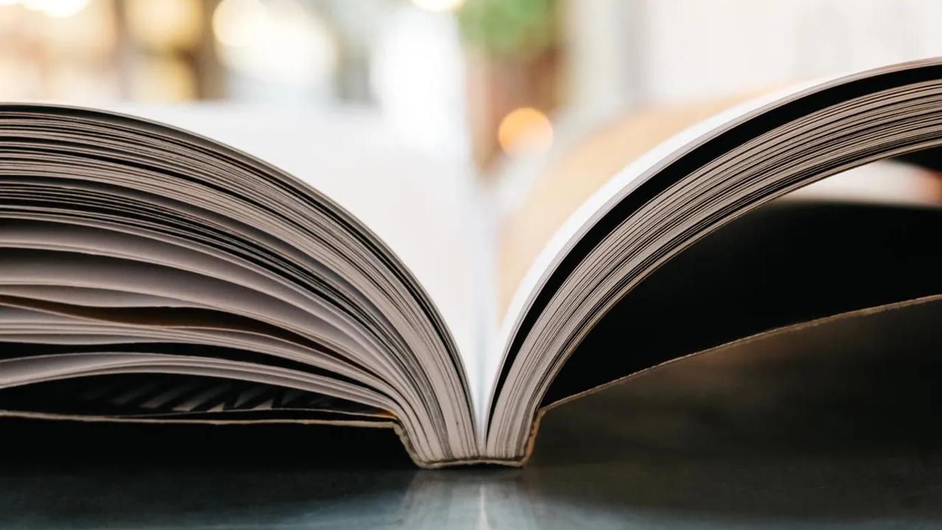 Close-up of an open book lying flat on a table, with pages fanned out and blurred background.
