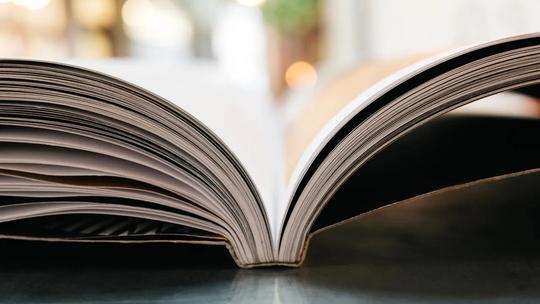 Close-up of an open book lying flat on a table, with pages fanned out and blurred background.