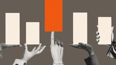 Four illustrated hands holding up rectangular cards, with one red patterned card standing out among three beige ones.