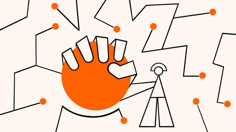 Abstract illustration of a hand and a person connected within a network of orange dots and lines.