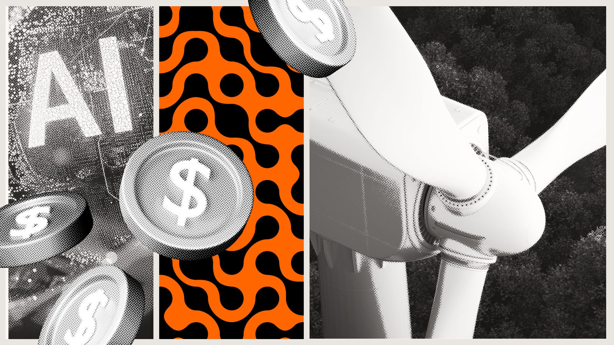 Collage combining an AI graphic with dollar‑coin icons, an orange abstract pattern, and a close‑up of a wind turbine above a forest.