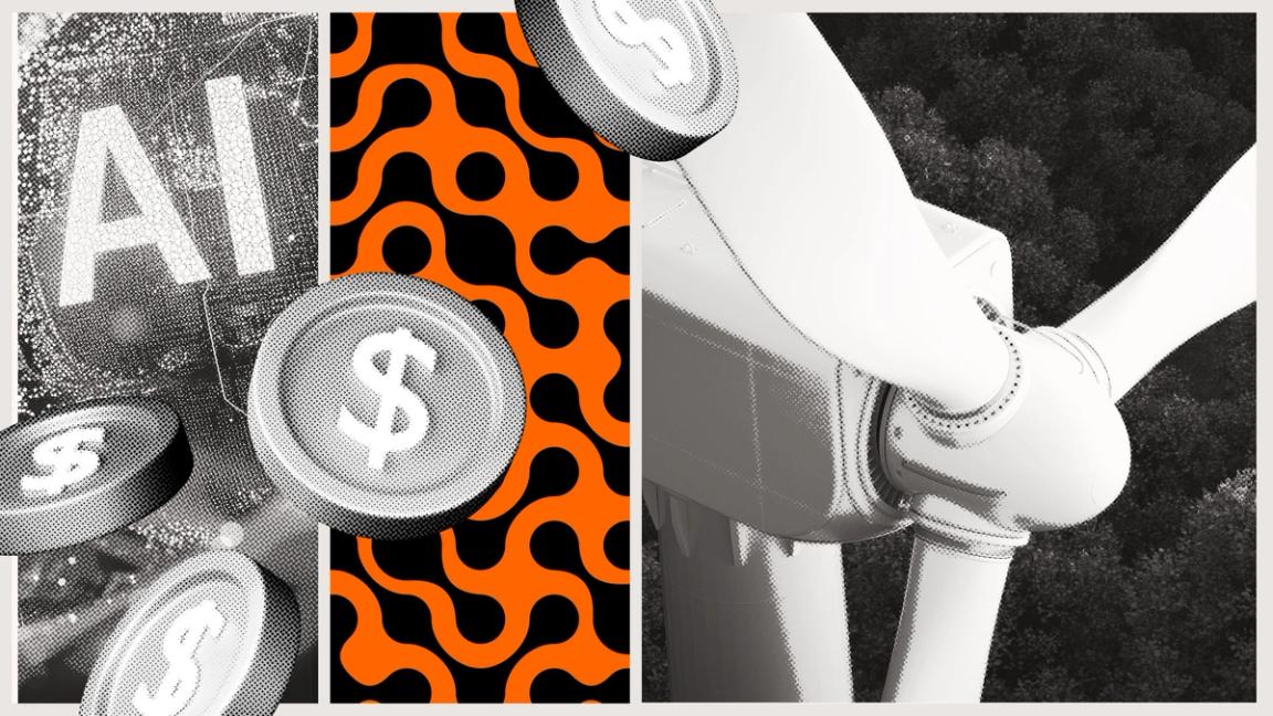 Collage combining an AI graphic with dollar‑coin icons, an orange abstract pattern, and a close‑up of a wind turbine above a forest.