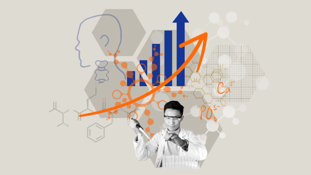Collage of a scientist working with test tubes beneath chemical diagrams, a rising bar chart, and an orange upward arrow.