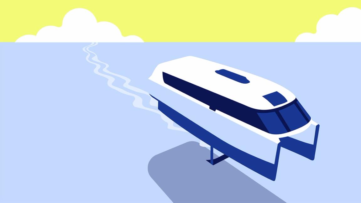 A catamaran cruises across the water. 