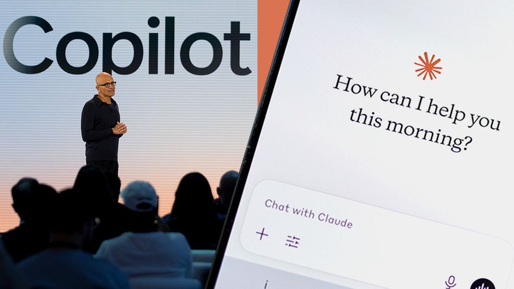 Composite image showing Microsoft’s Satya Nadella presenting “Copilot,” a smartphone displaying the Claude AI chat interface, and OpenAI’s Sam Altman speaking onstage.