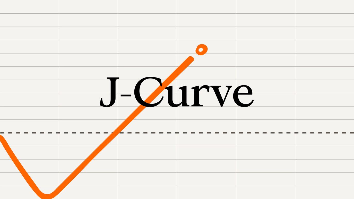 Orange upward tick with J-curve behind it.