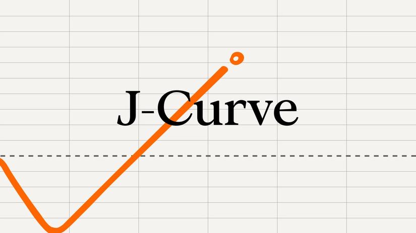 Orange upward tick with J-curve behind it.