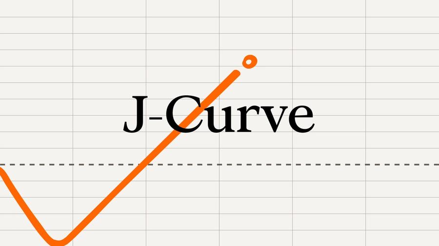Orange upward tick with J-curve behind it.