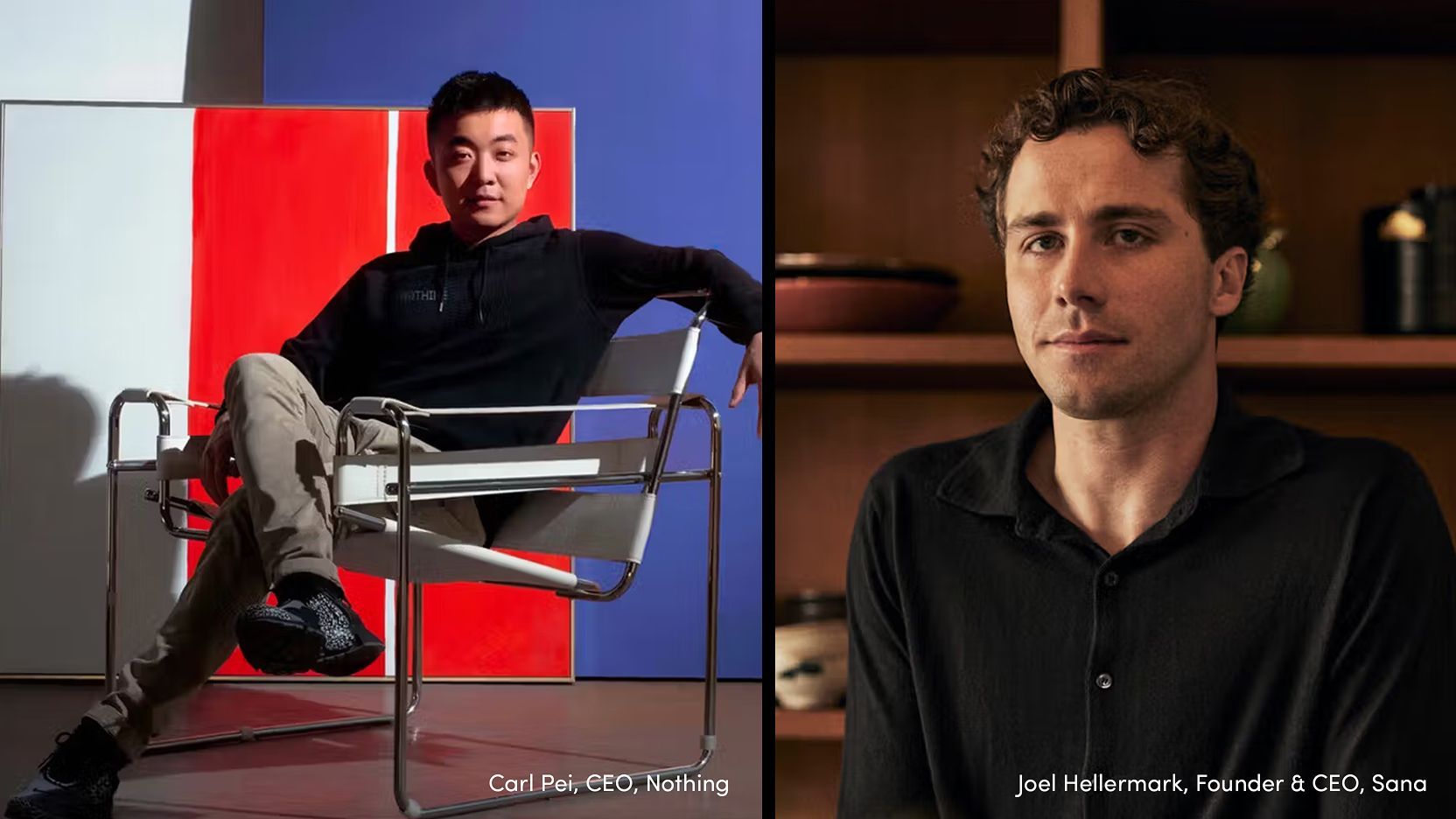 Split portrait showing two men seated indoors, one in a modern chair against bold red and blue panels and the other in a warm, wood‑toned interior.