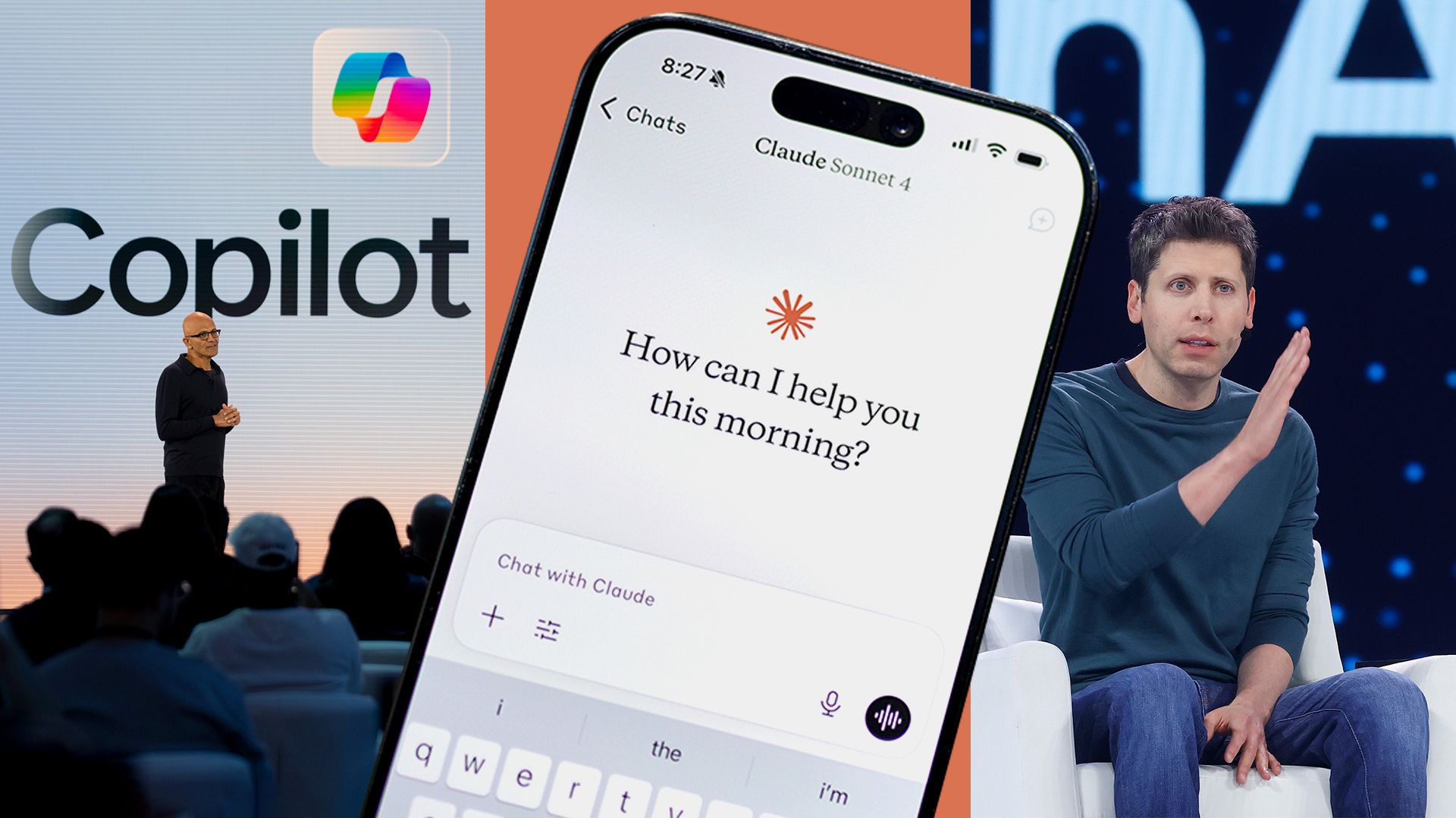 Composite image showing Microsoft’s Satya Nadella presenting “Copilot,” a smartphone displaying the Claude AI chat interface, and OpenAI’s Sam Altman speaking onstage.