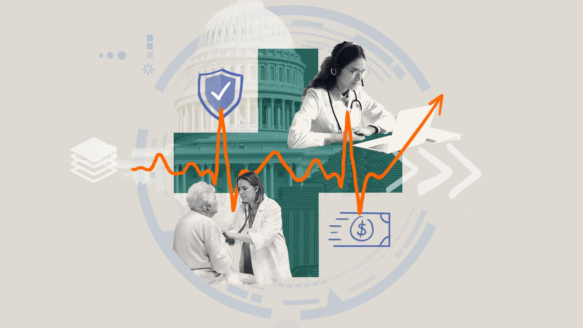 Collage showing healthcare professionals, a government building, and a rising line graph with icons for security and payments.
