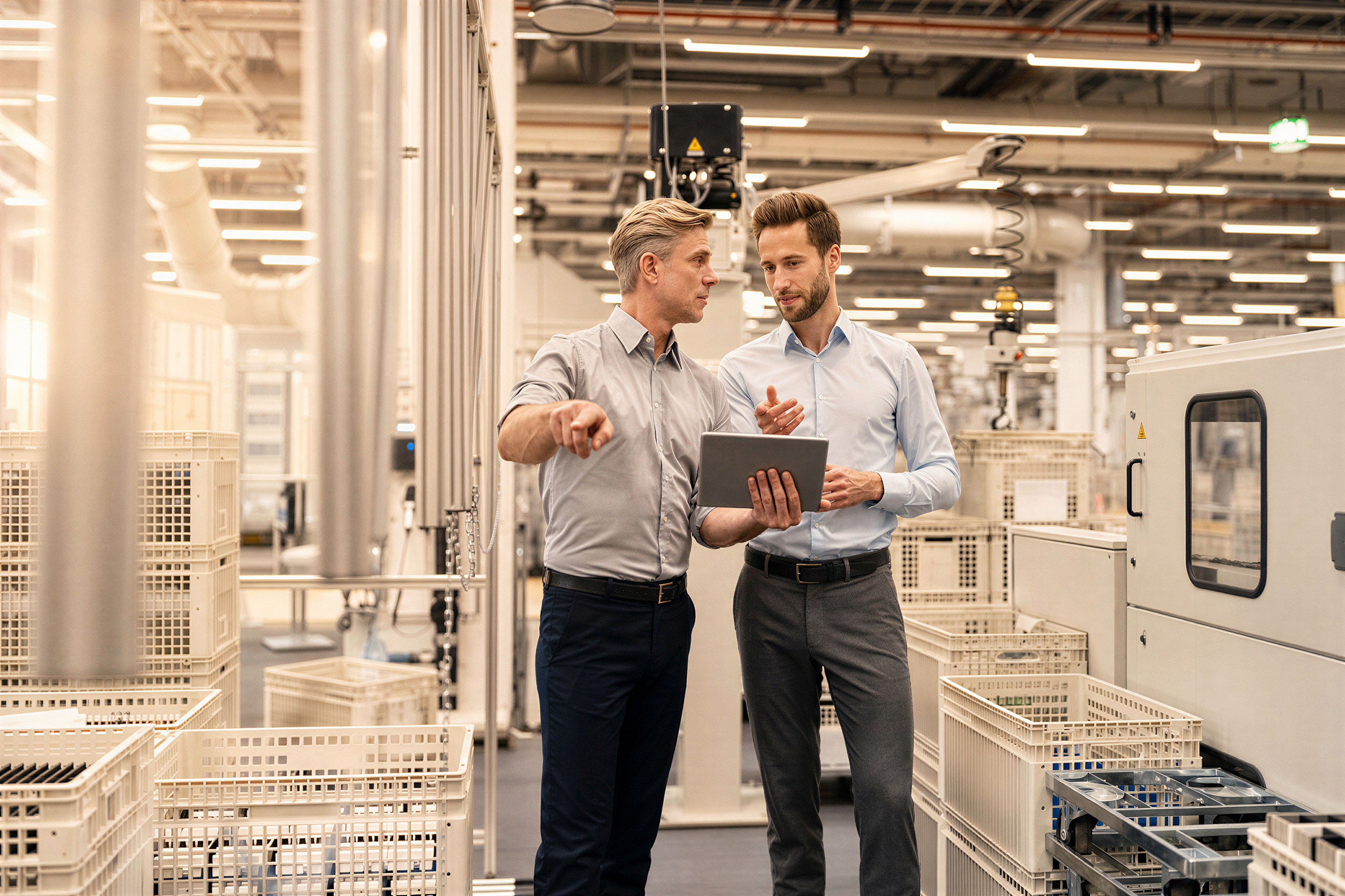Two guys standing in a lab looking at a tablet