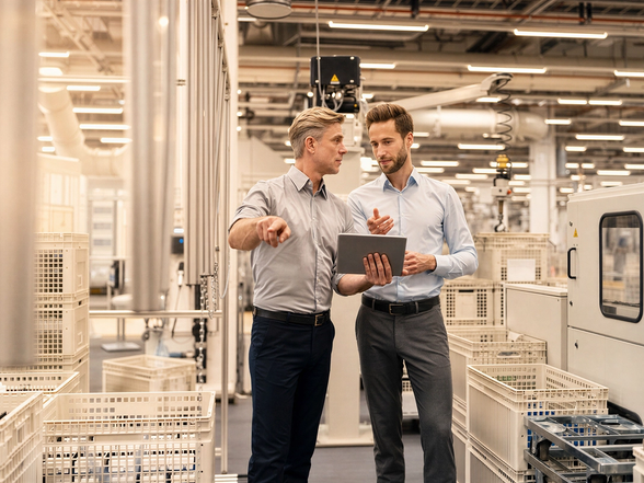 Two guys standing in a lab looking at a tablet