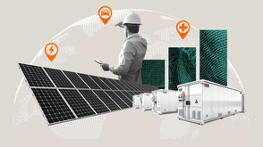 Collage of a worker in a hard hat beside solar panels and battery storage units, with a globe and orange icons for energy, electric vehicles, and healthcare.