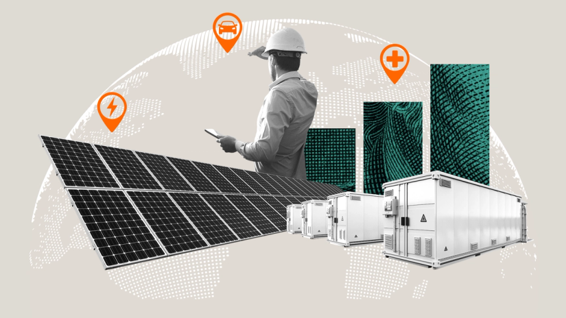 Collage of a worker in a hard hat beside solar panels and battery storage units, with a globe and orange icons for energy, electric vehicles, and healthcare.
