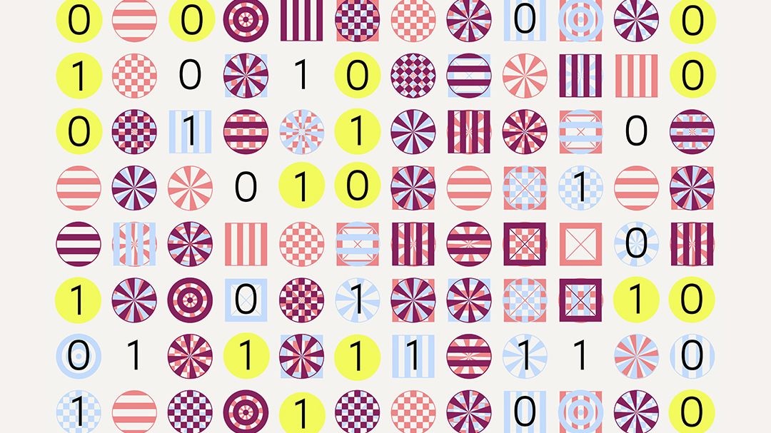 Binary numbers and abstract shapes form a grid pattern.