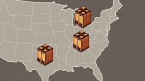 Map of the United States with three orange building icons placed across the central and eastern regions.