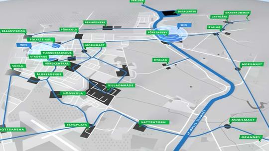 A digital map showing a network of blue lines connecting various labeled locations such as "Flerbostadshus" and "Vårdcentral".
