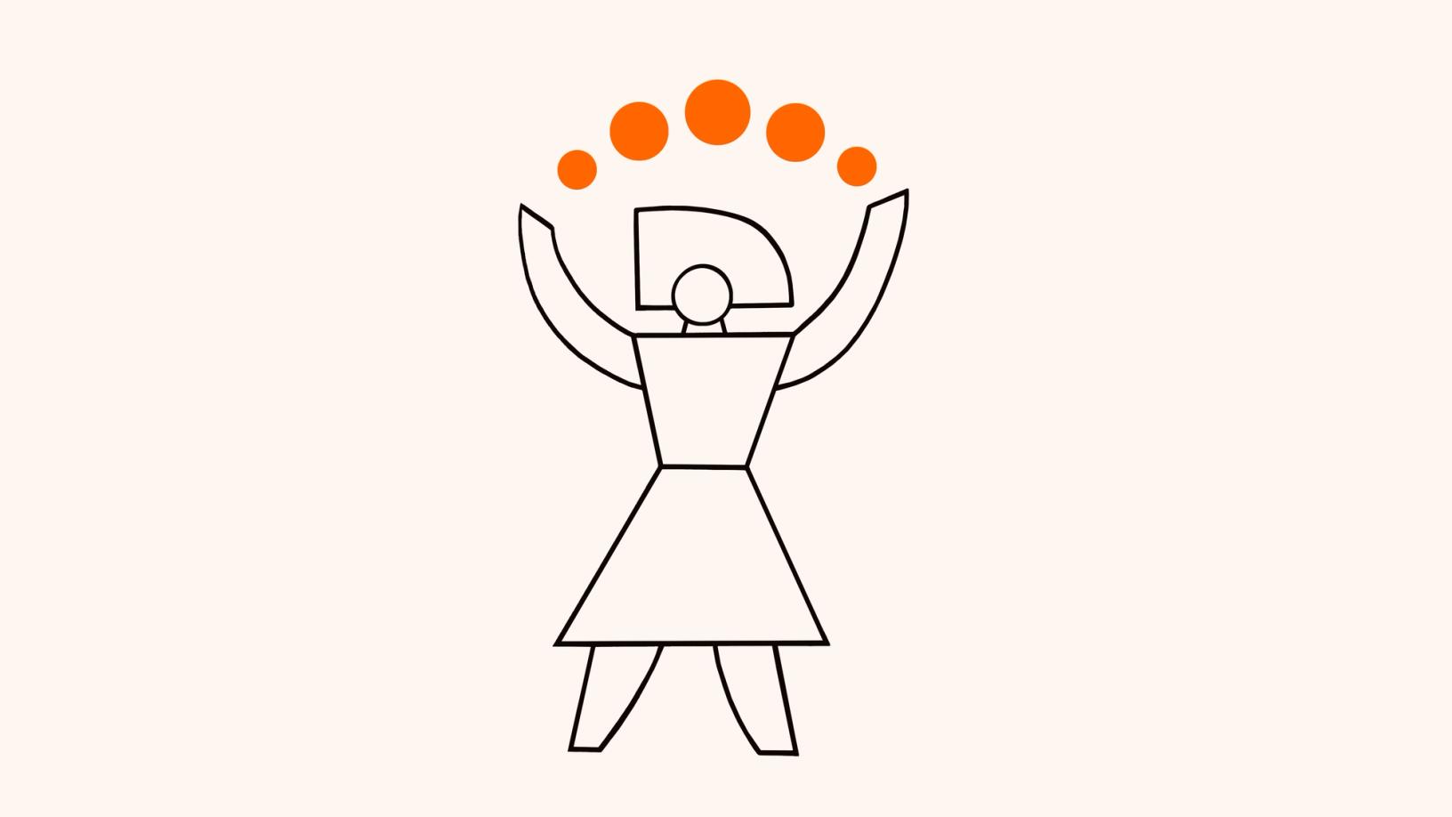 Minimalist line drawing of a figure with arms raised, juggling or holding five small orange circles in an arc.
