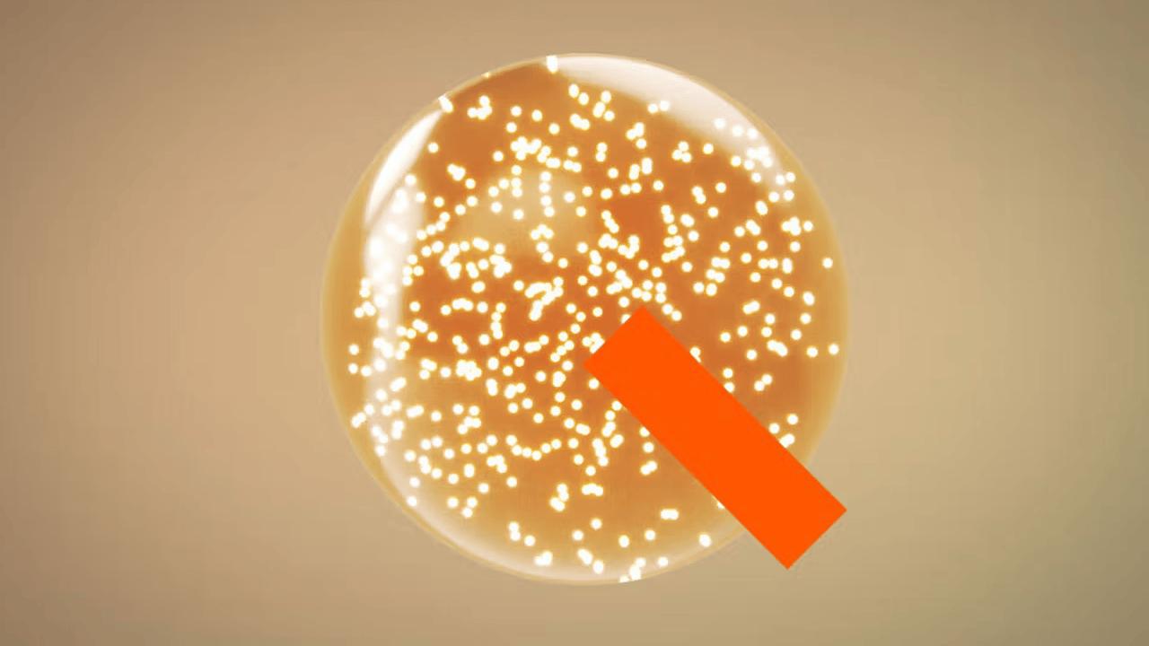Abstract design featuring a transparent sphere filled with glowing dots and an orange diagonal bar across it.